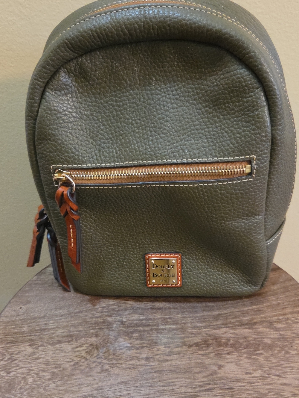 Dooney & Bourke Olive Green Leather Mini Backpack with Brown Trim
